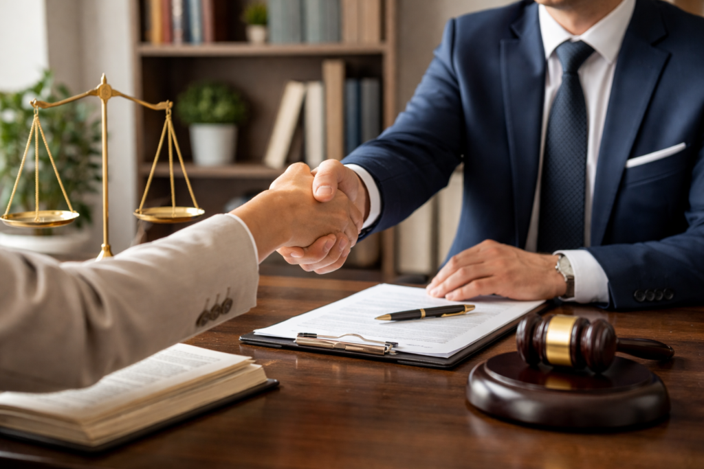 Apretón de manos entre abogado y cliente al firmar un acuerdo civil